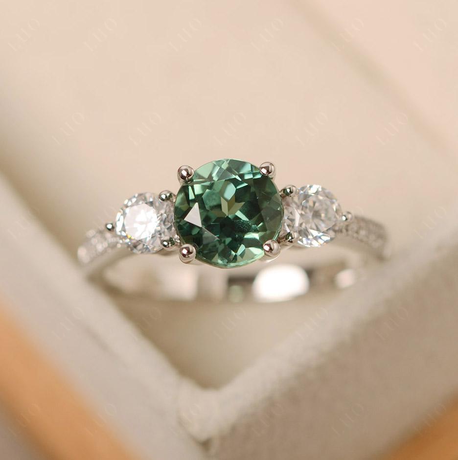 Green Sapphire Ring 3 Stone Engagement Ring - LUO Jewelry