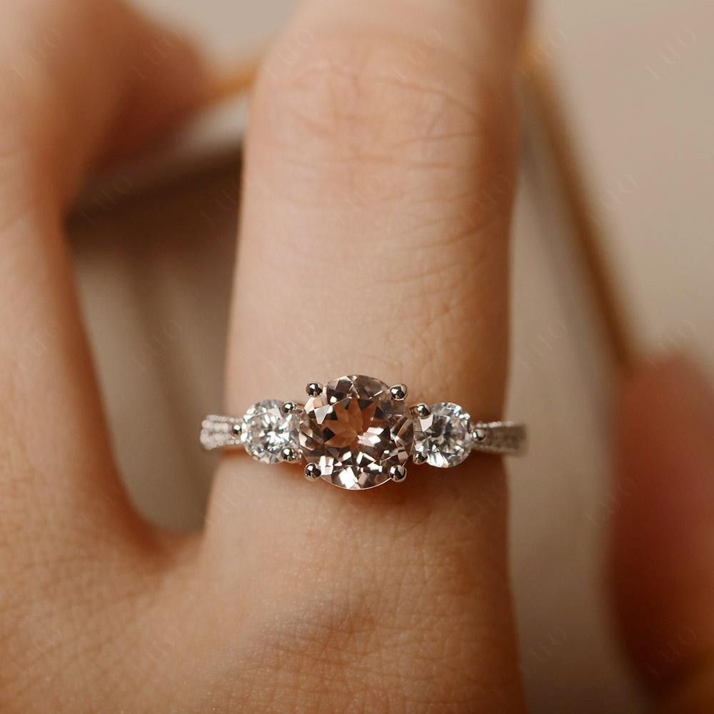 Morganite Ring 3 Stone Engagement Ring - LUO Jewelry