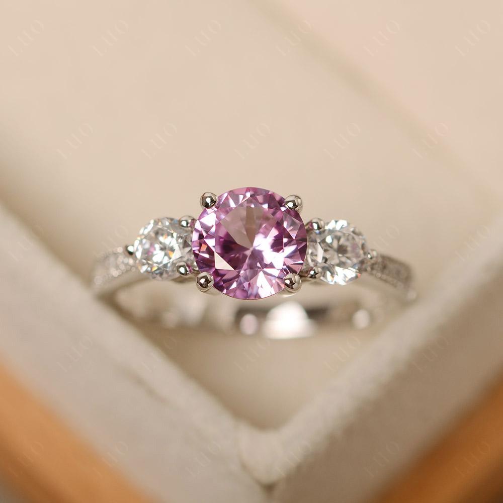 Lab Created Pink Sapphire Ring 3 Stone Engagement Ring - LUO Jewelry