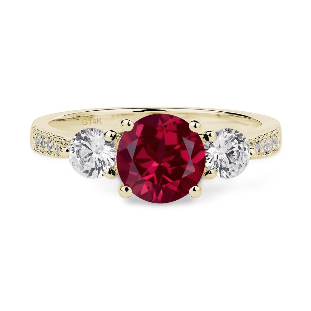 Lab Ruby Ring 3 Stone Engagement Ring - LUO Jewelry #metal_14k yellow gold