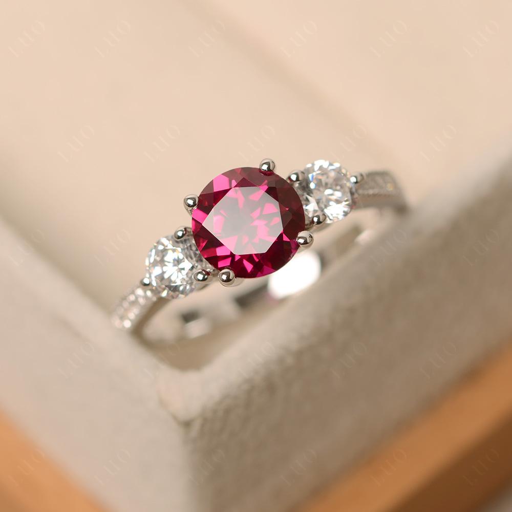 Lab Ruby Ring 3 Stone Engagement Ring - LUO Jewelry