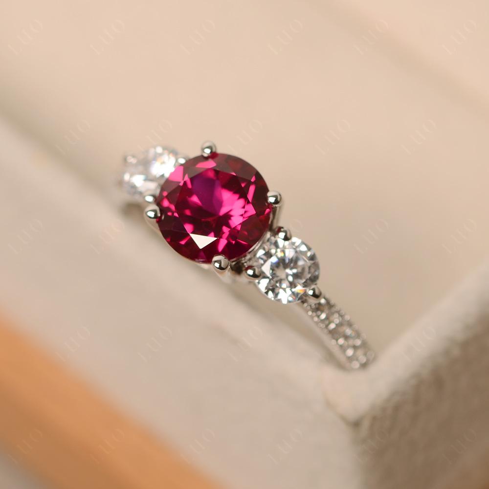 Lab Ruby Ring 3 Stone Engagement Ring - LUO Jewelry