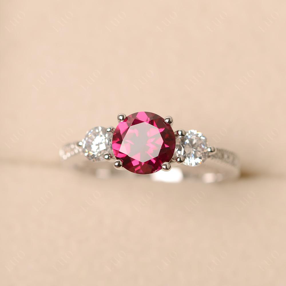 Lab Ruby Ring 3 Stone Engagement Ring - LUO Jewelry