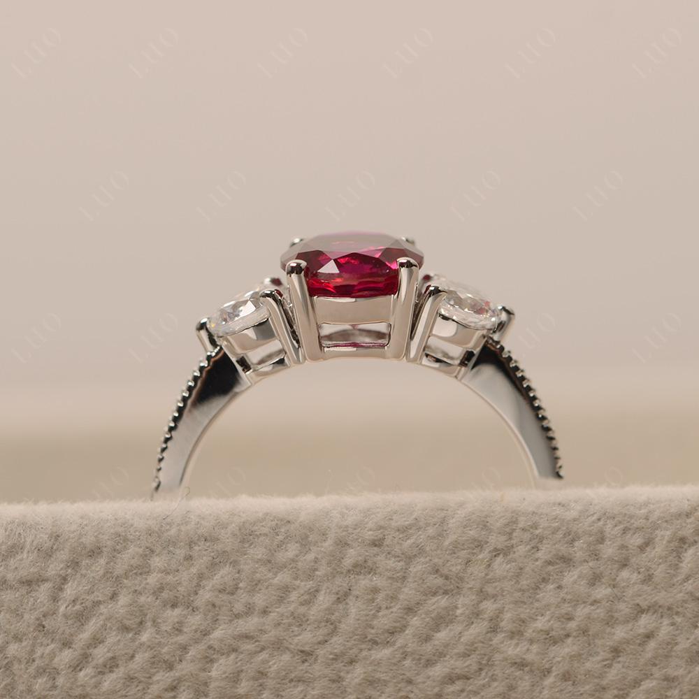 Lab Ruby Ring 3 Stone Engagement Ring - LUO Jewelry