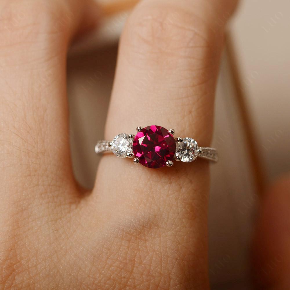 Lab Ruby Ring 3 Stone Engagement Ring - LUO Jewelry