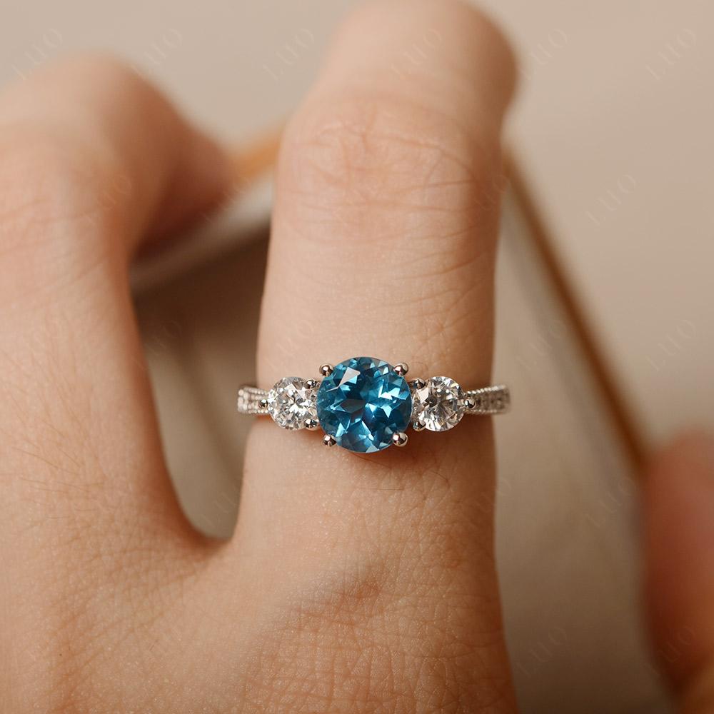 Milgrain Three Stone Pave diamond Engagement Ring With Blue Topaz In 14K  White Gold | Fascinating Diamonds