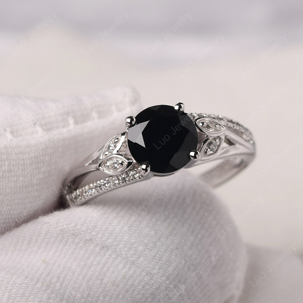 Round Cut Black Spinel Engagement Ring White Gold - LUO Jewelry