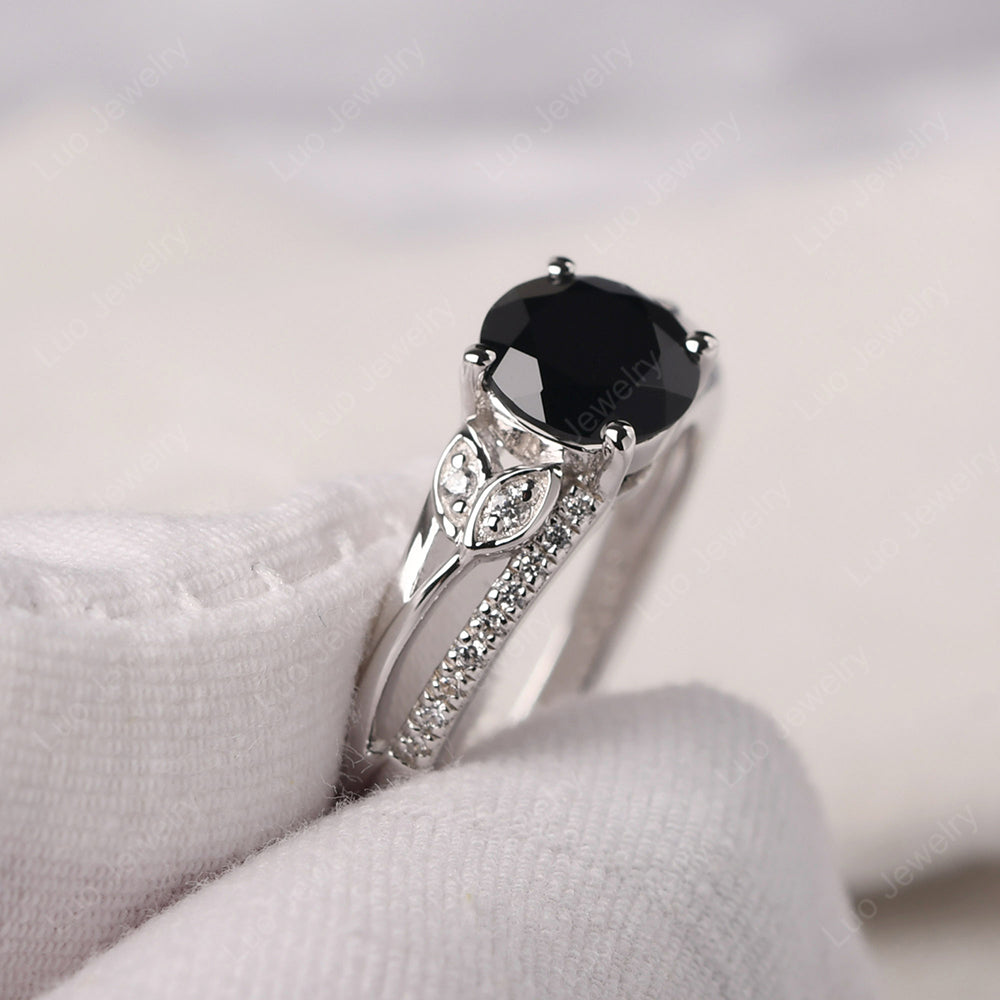 Round Cut Black Spinel Engagement Ring White Gold - LUO Jewelry