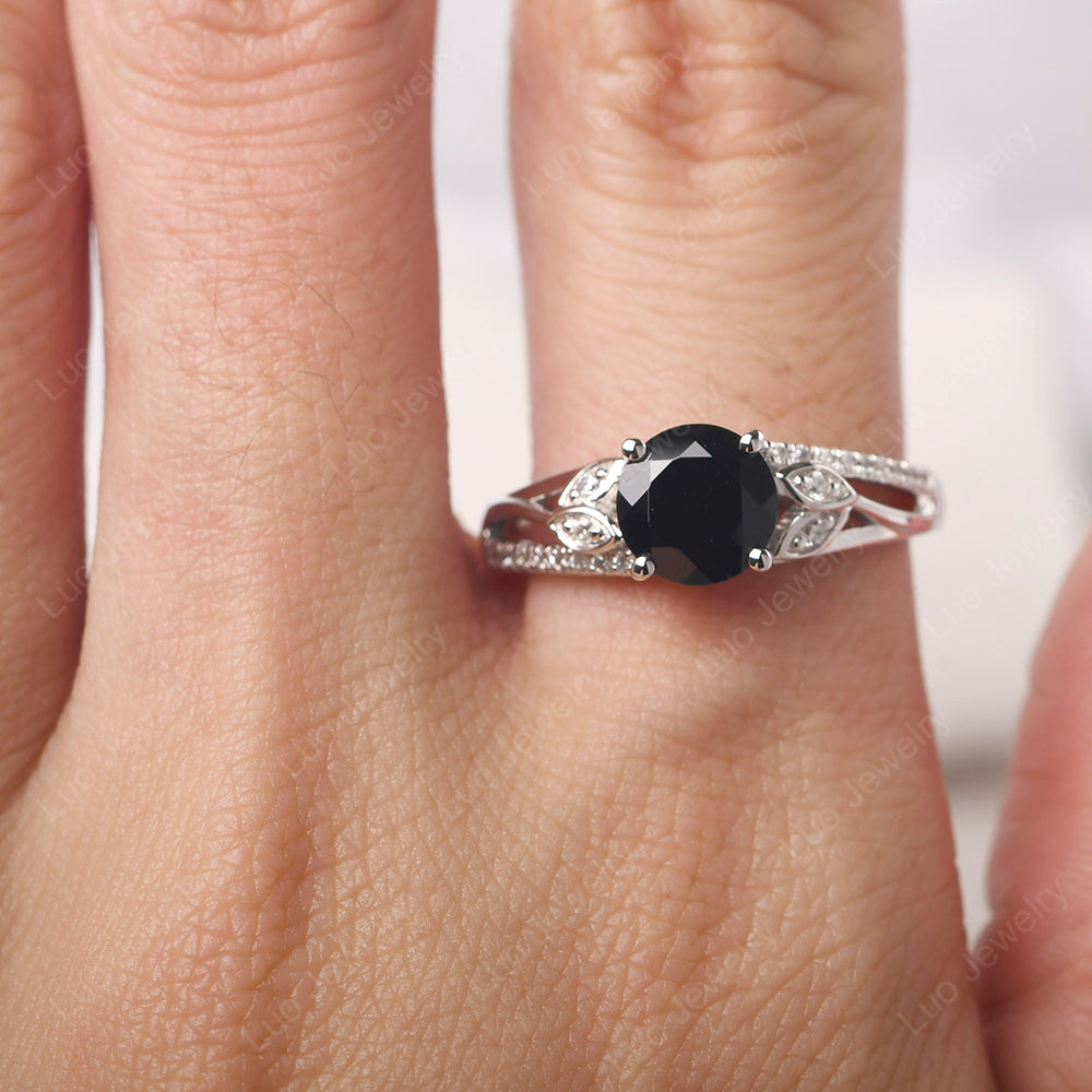 Round Cut Black Spinel Engagement Ring White Gold - LUO Jewelry