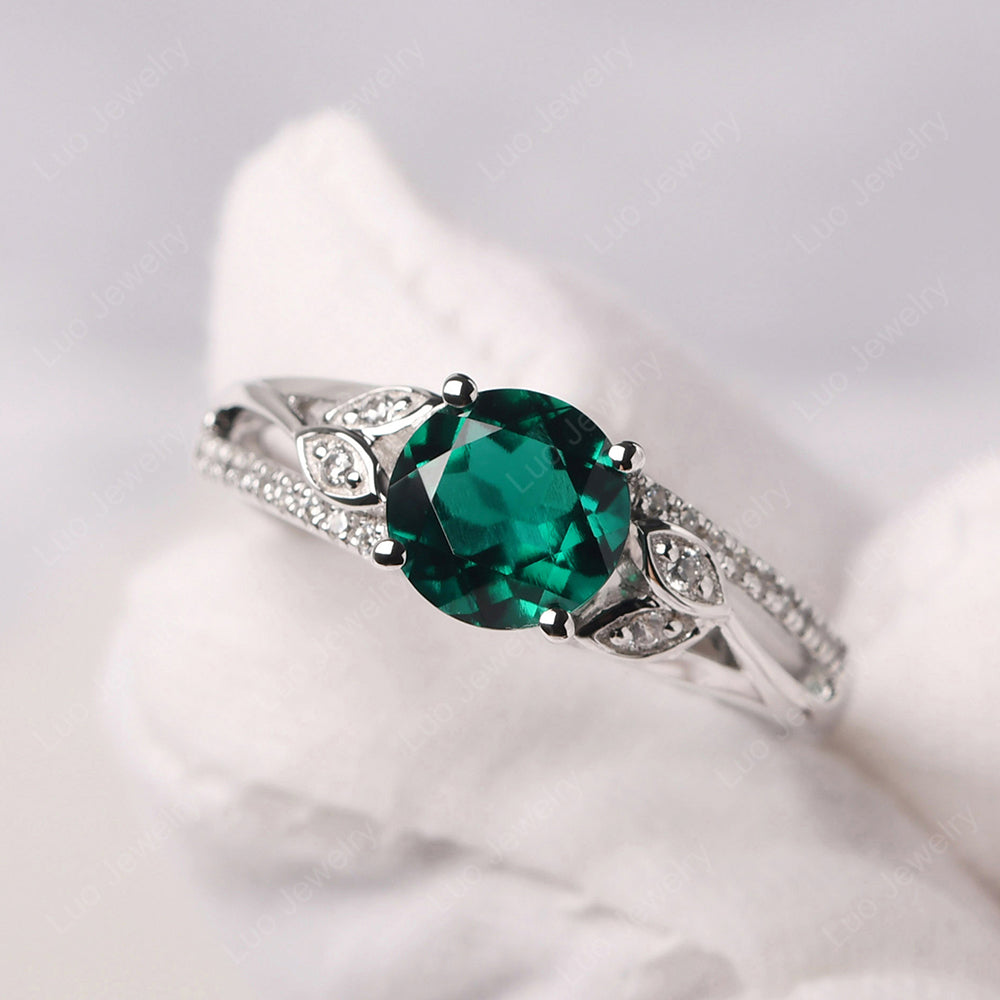 Round Cut Emerald Engagement Ring White Gold - LUO Jewelry
