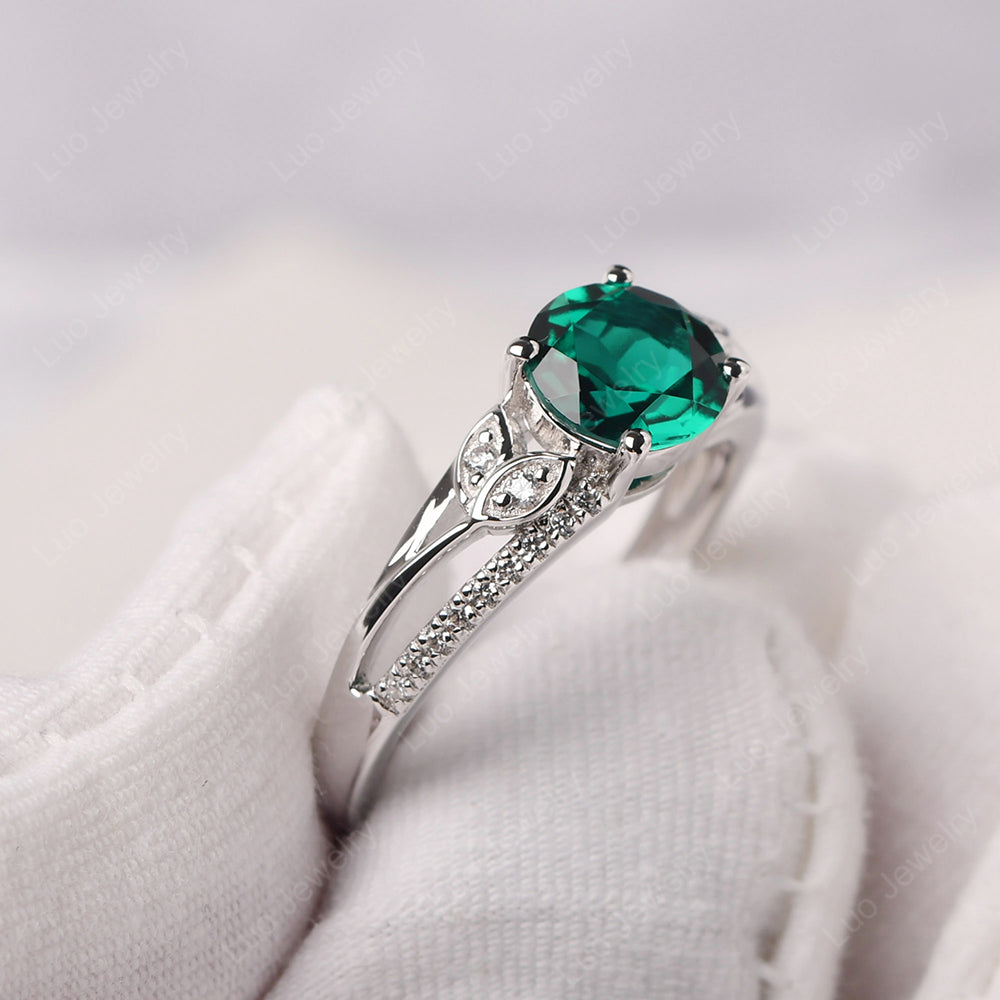 Round Cut Emerald Engagement Ring White Gold - LUO Jewelry