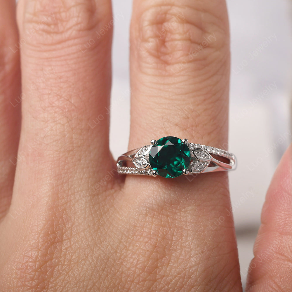 Round Cut Emerald Engagement Ring White Gold - LUO Jewelry