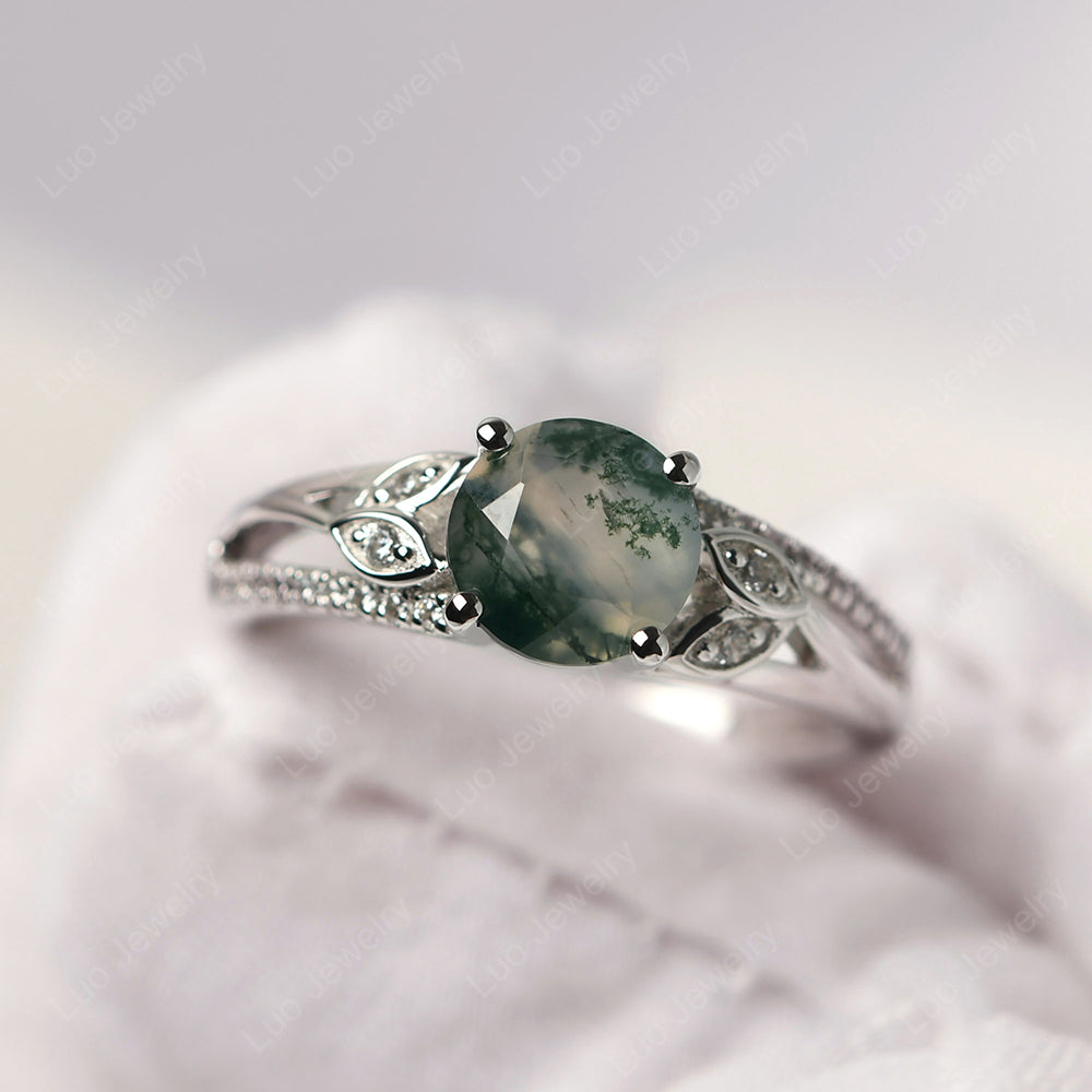 Round Cut Moss Agate Engagement Ring White Gold - LUO Jewelry