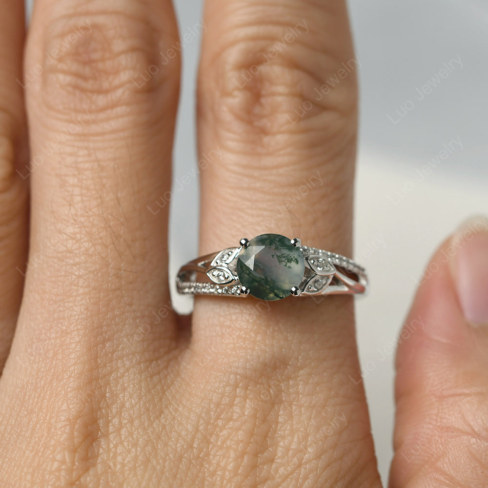 Round Cut Moss Agate Engagement Ring White Gold - LUO Jewelry
