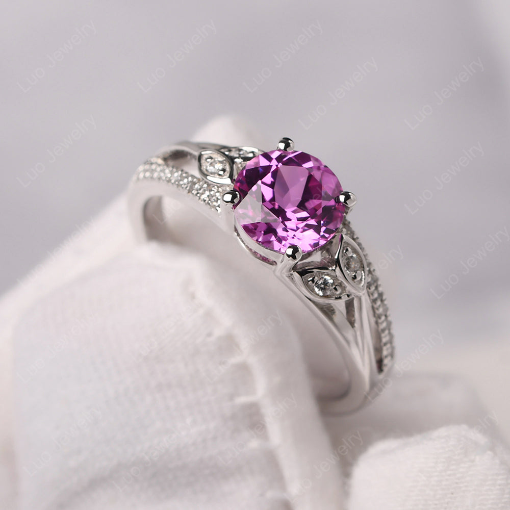Round Cut Pink Sapphire Engagement Ring White Gold - LUO Jewelry