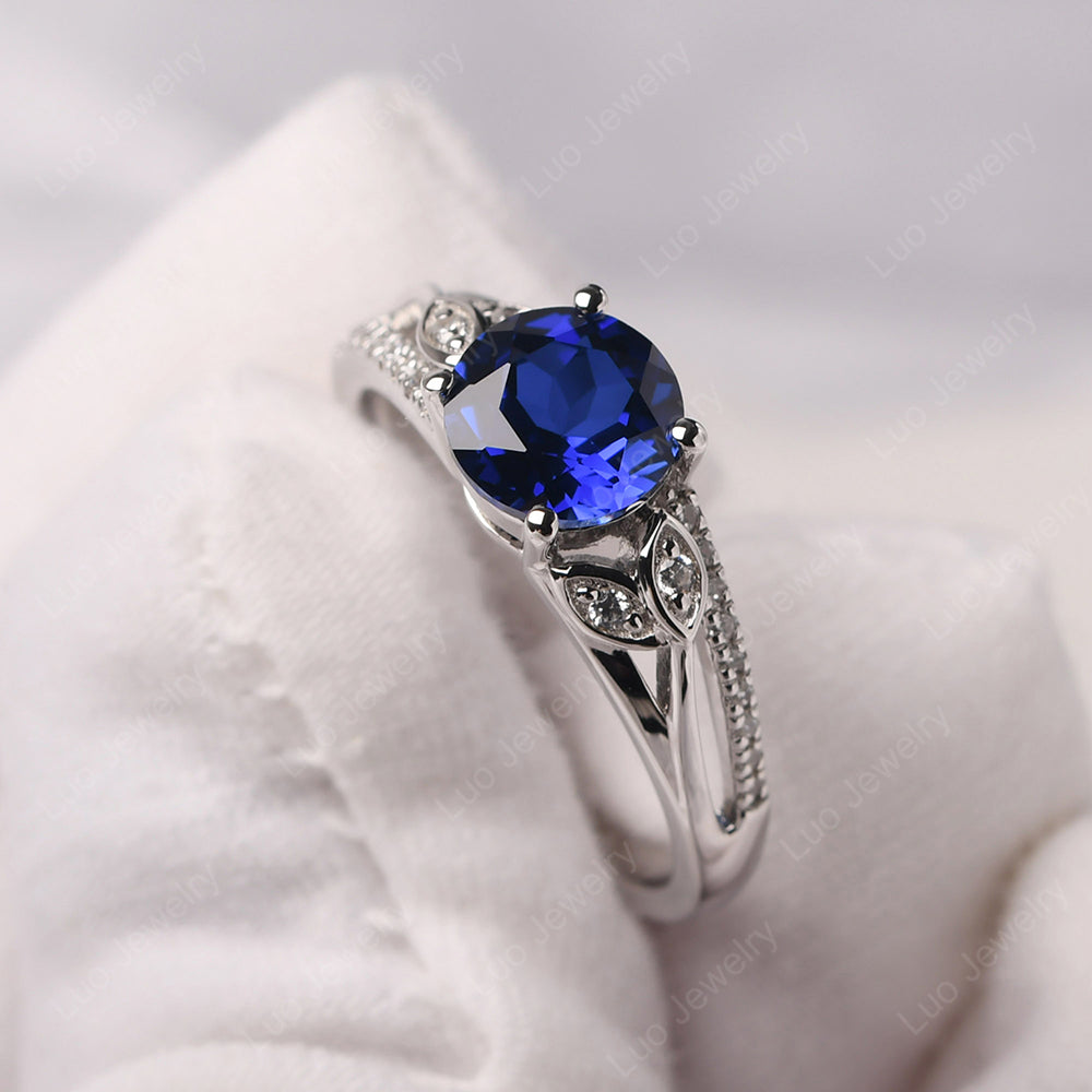 Round Cut Lab Sapphire Engagement Ring White Gold - LUO Jewelry