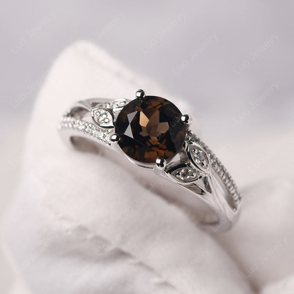 Round Cut Smoky Quartz Engagement Ring White Gold - LUO Jewelry