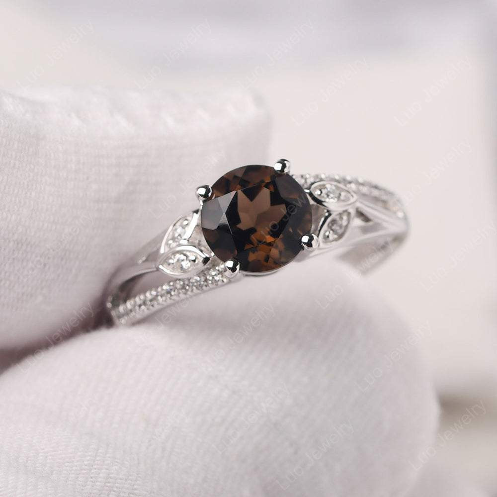 Round Cut Smoky Quartz Engagement Ring White Gold - LUO Jewelry
