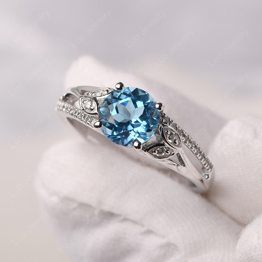 Round Cut Swiss Blue Topaz Engagement Ring White Gold - LUO Jewelry