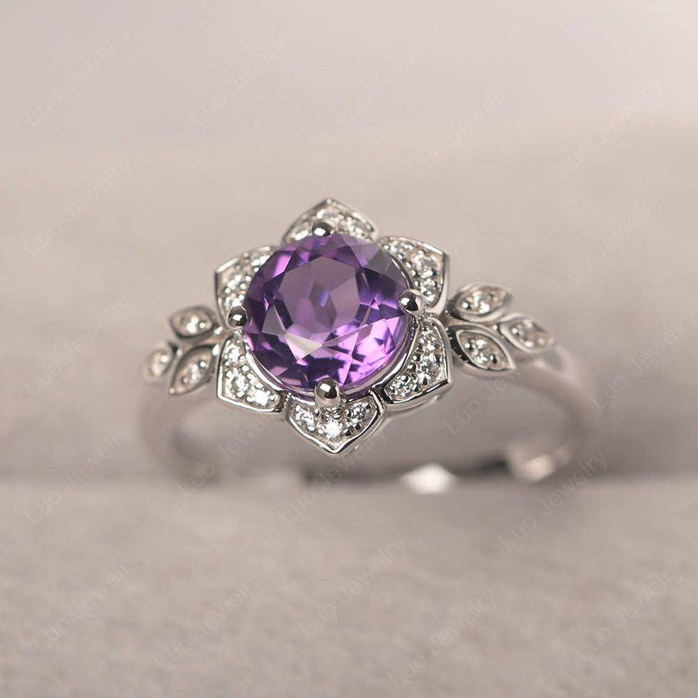 Round Cut Amethyst Flower Ring Yellow Gold - LUO Jewelry