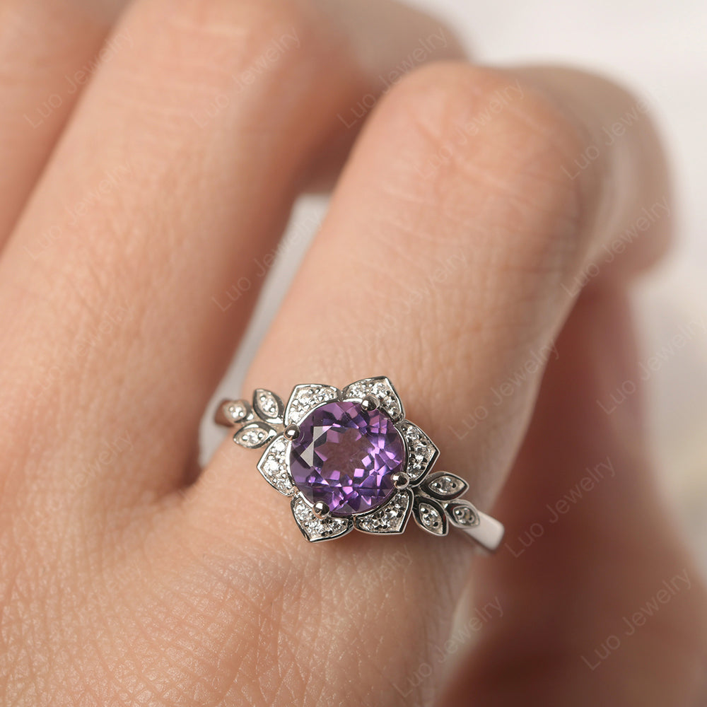 Round Cut Amethyst Flower Ring Yellow Gold - LUO Jewelry