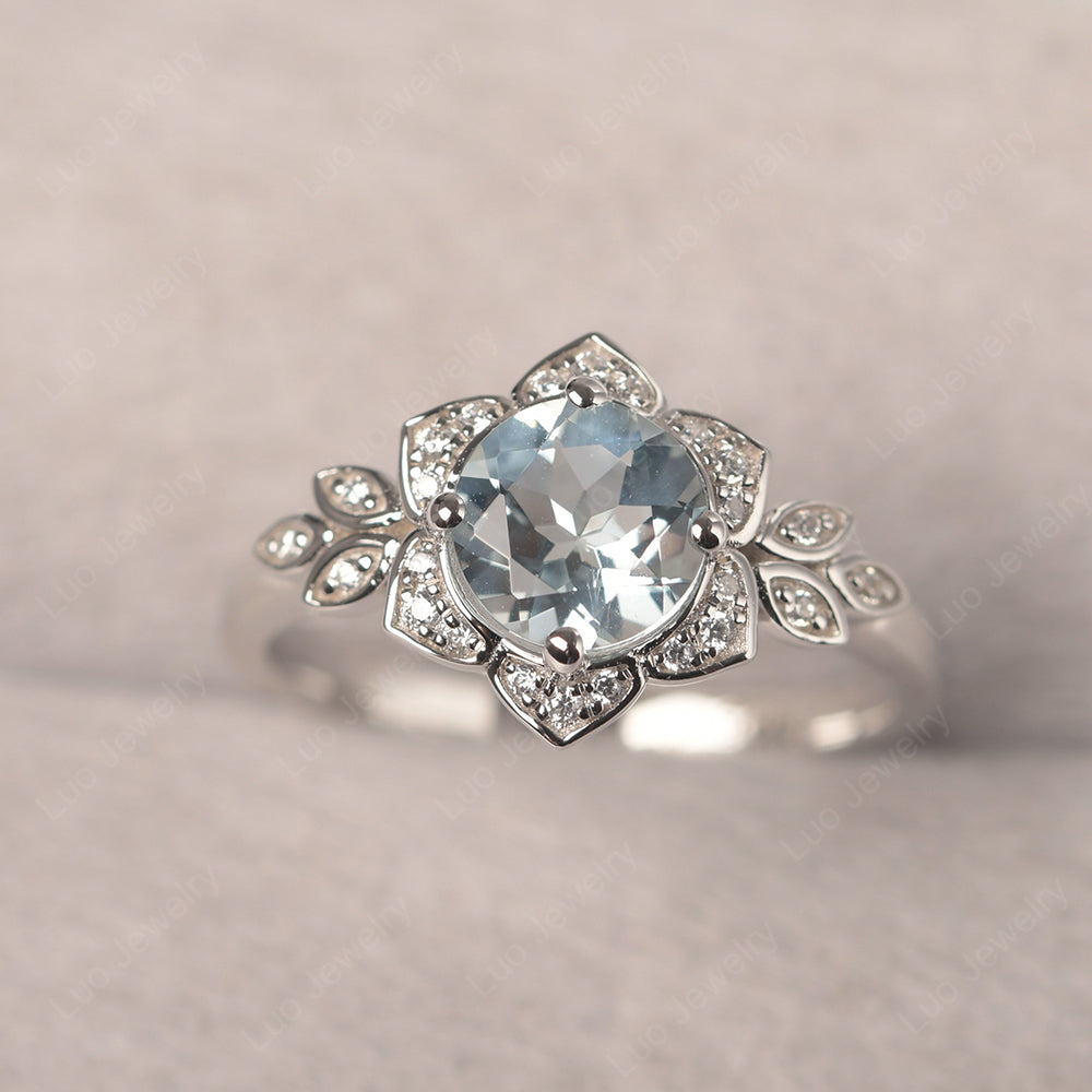 Round Cut Aquamarine Flower Ring Yellow Gold - LUO Jewelry