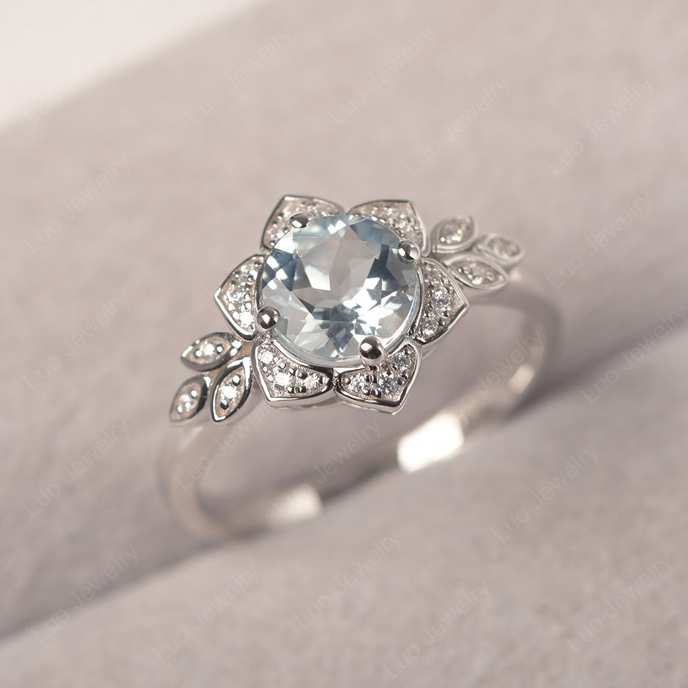 Round Cut Aquamarine Flower Ring Yellow Gold - LUO Jewelry