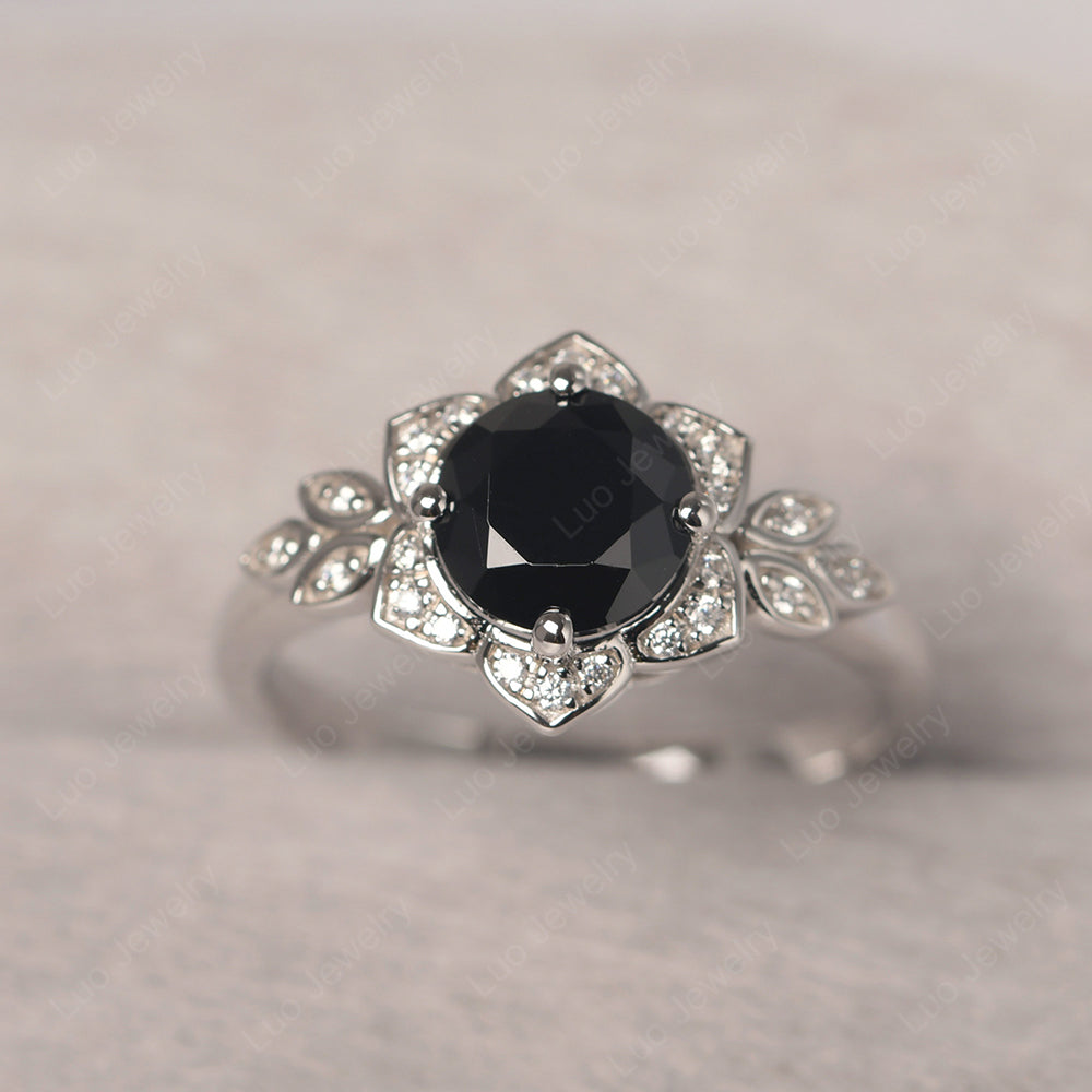 Round Cut Black Spinel Flower Ring Yellow Gold - LUO Jewelry