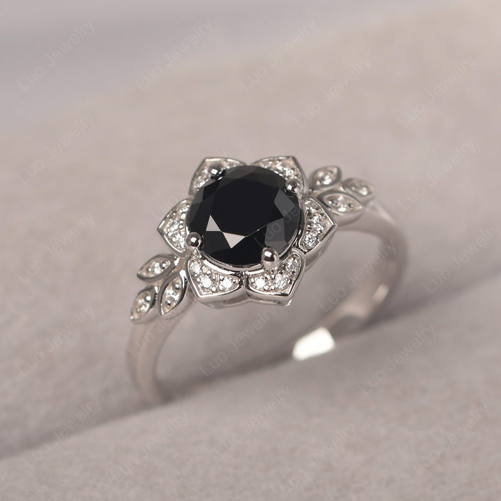 Round Cut Black Spinel Flower Ring Yellow Gold - LUO Jewelry