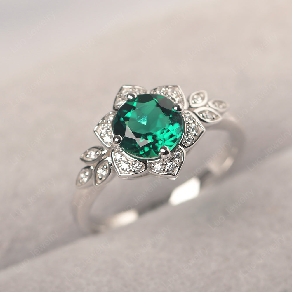 Round Cut Lab Emerald Flower Ring Yellow Gold - LUO Jewelry