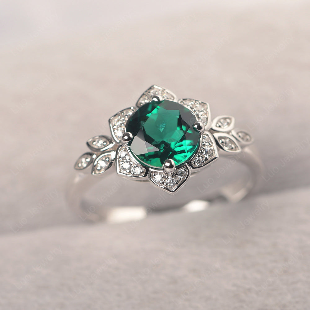 Round Cut Lab Emerald Flower Ring Yellow Gold - LUO Jewelry