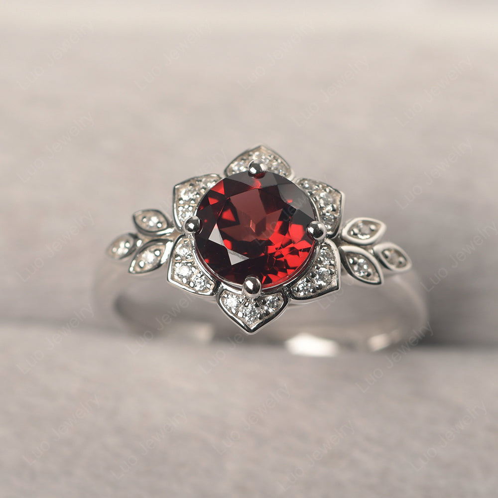 Round Cut Garnet Flower Ring Yellow Gold - LUO Jewelry