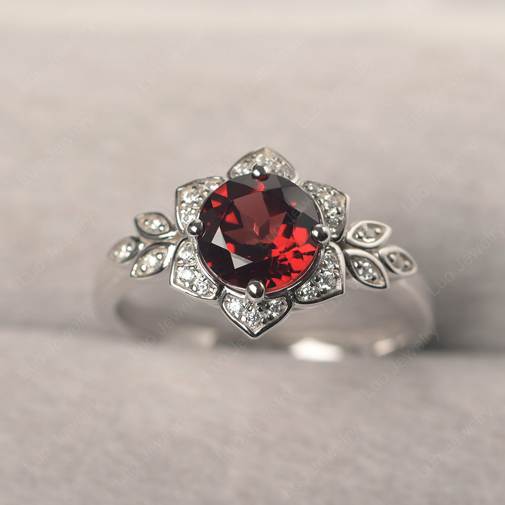 Round Cut Garnet Flower Ring Yellow Gold - LUO Jewelry