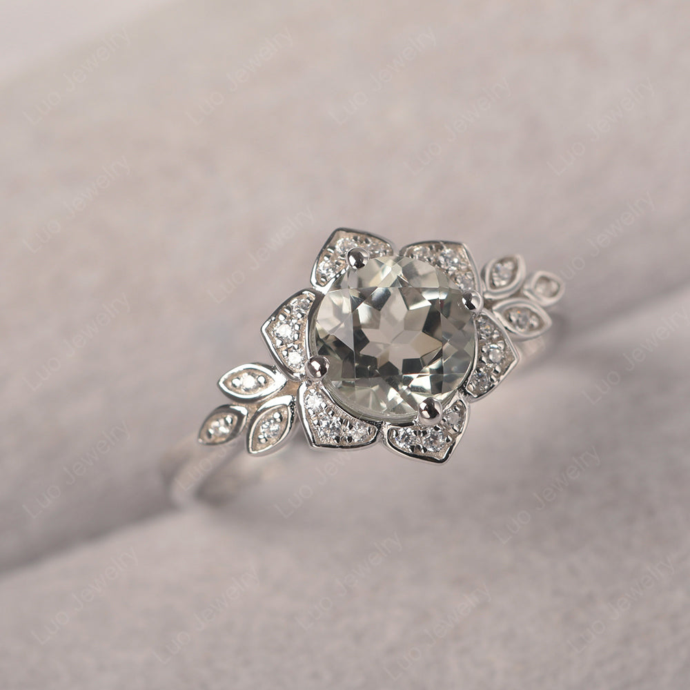 Round Cut Green Amethyst Flower Ring Yellow Gold - LUO Jewelry