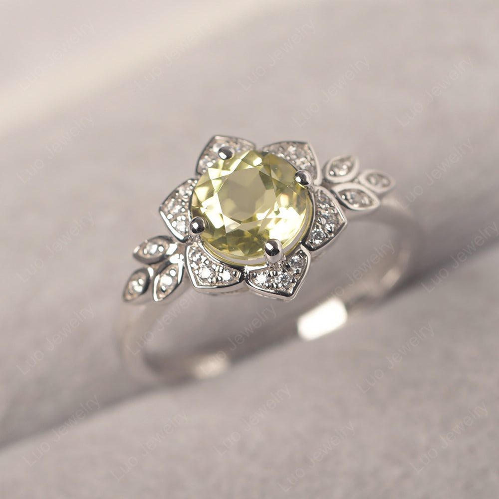 Round Cut Lemon Quartz Flower Ring Yellow Gold - LUO Jewelry