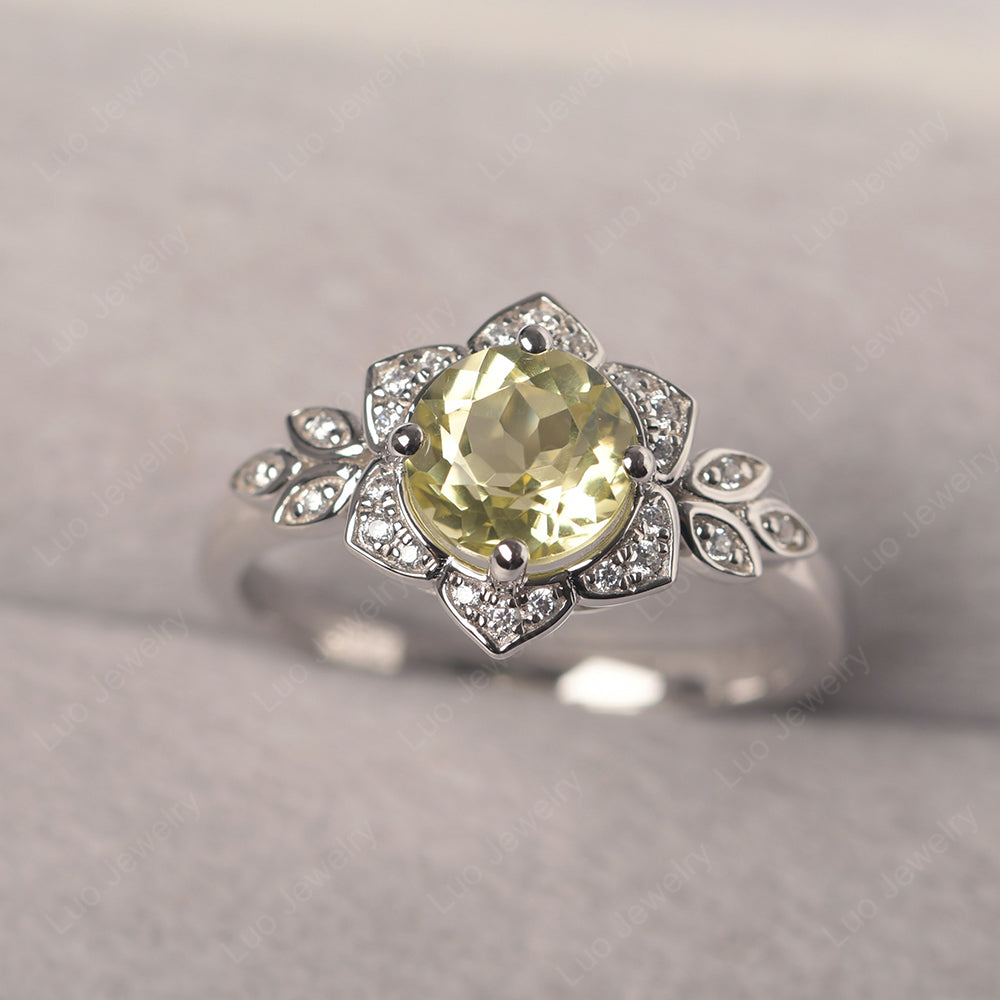 Round Cut Lemon Quartz Flower Ring Yellow Gold - LUO Jewelry