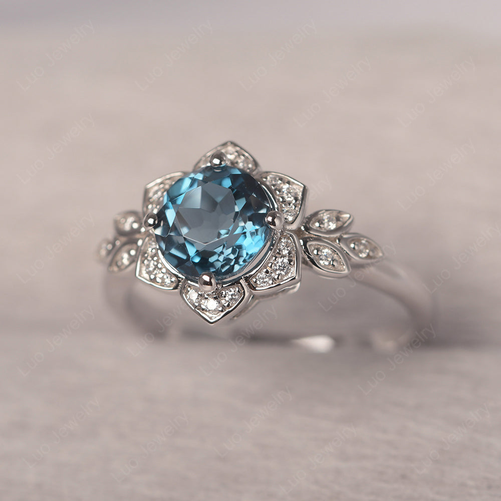 Round Cut London Blue Topaz Flower Ring Yellow Gold - LUO Jewelry