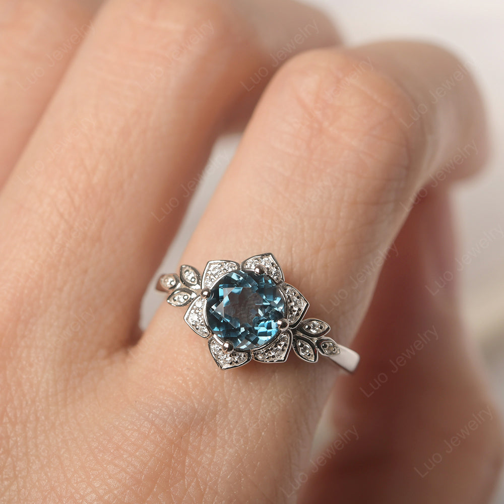 Round Cut London Blue Topaz Flower Ring Yellow Gold - LUO Jewelry