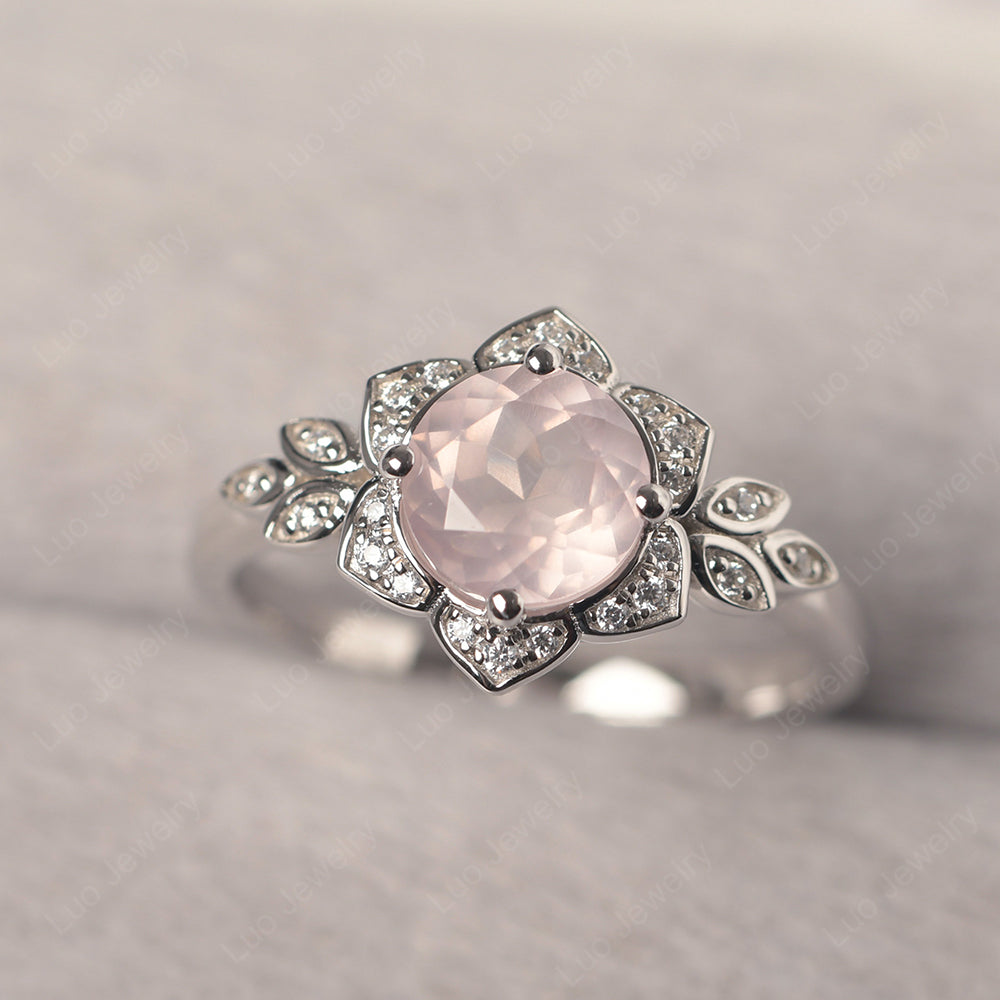 Round Cut Rose Quartz Flower Ring Yellow Gold - LUO Jewelry