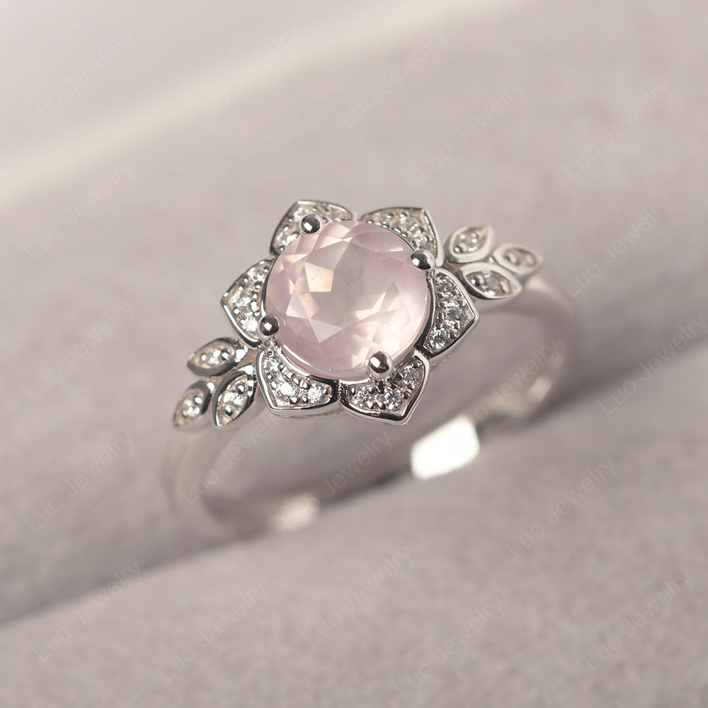 Round Cut Rose Quartz Flower Ring Yellow Gold - LUO Jewelry