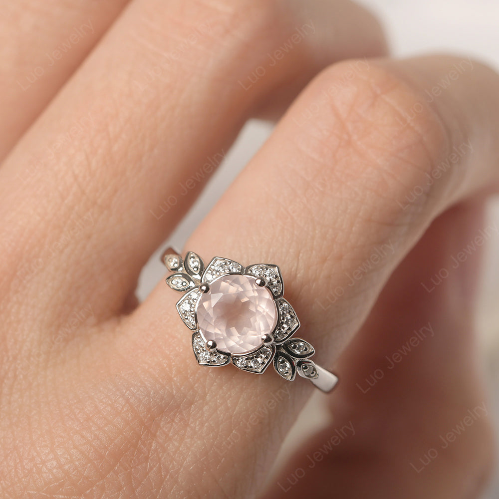 Round Cut Rose Quartz Flower Ring Yellow Gold - LUO Jewelry