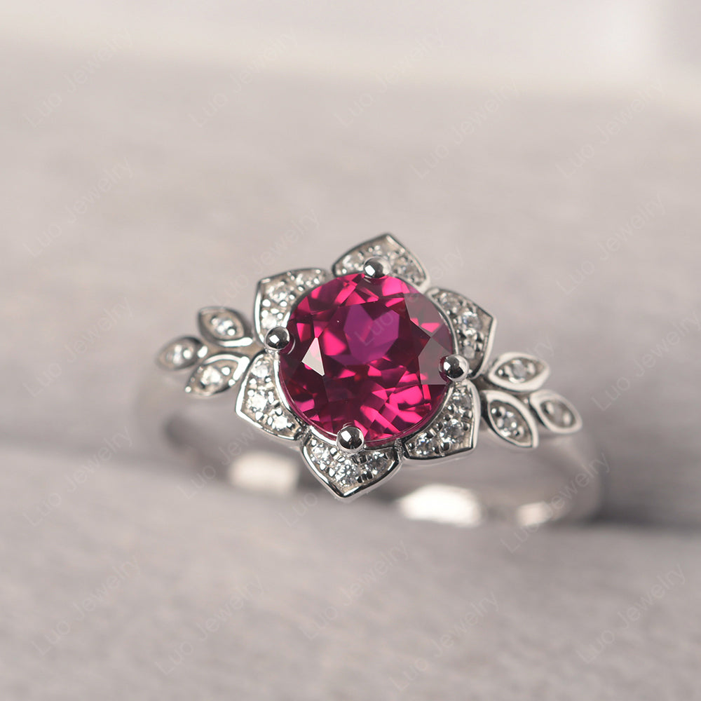 Round Cut Ruby Flower Ring Yellow Gold - LUO Jewelry