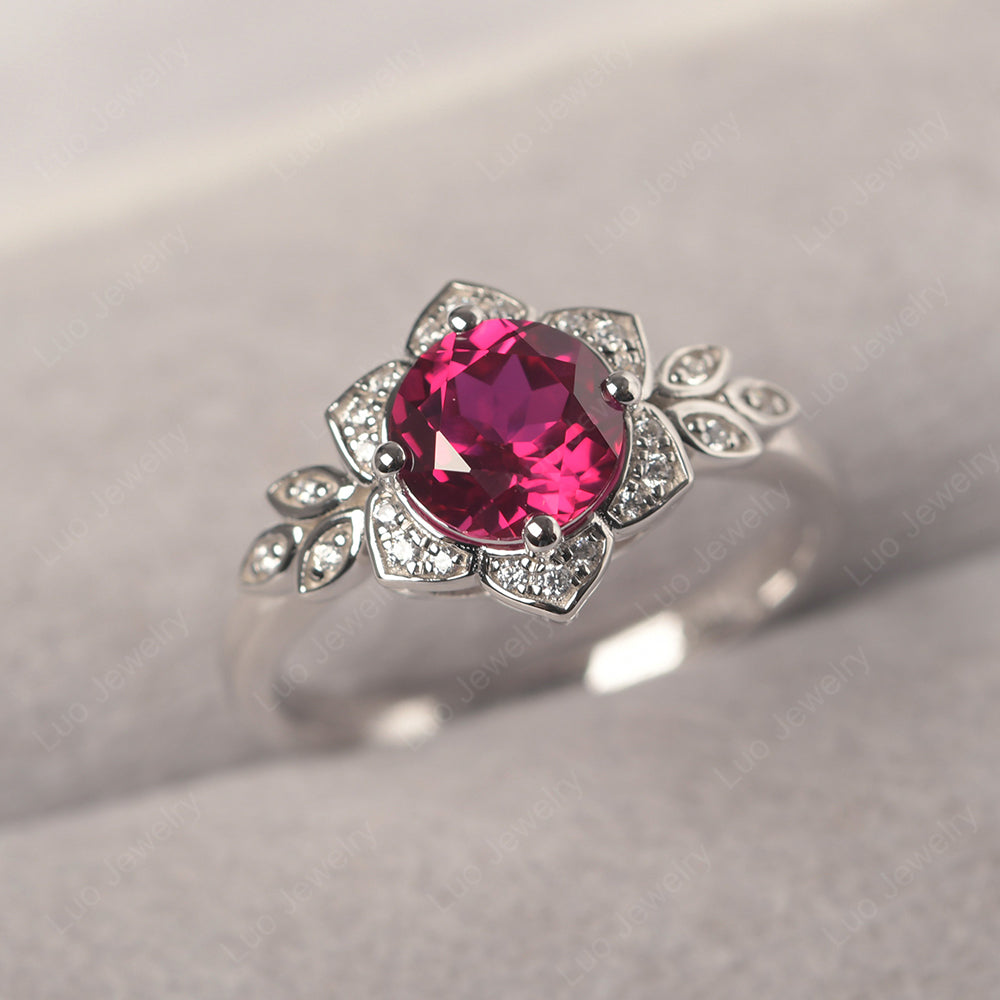 Round Cut Ruby Flower Ring Yellow Gold - LUO Jewelry