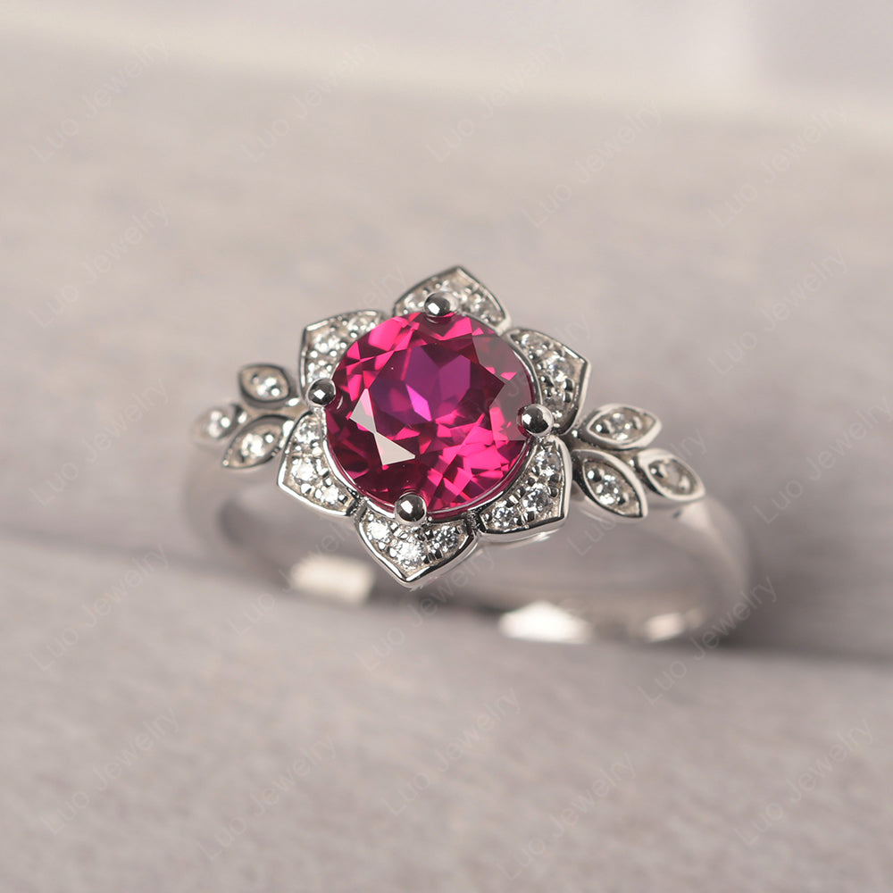 Round Cut Ruby Flower Ring Yellow Gold - LUO Jewelry