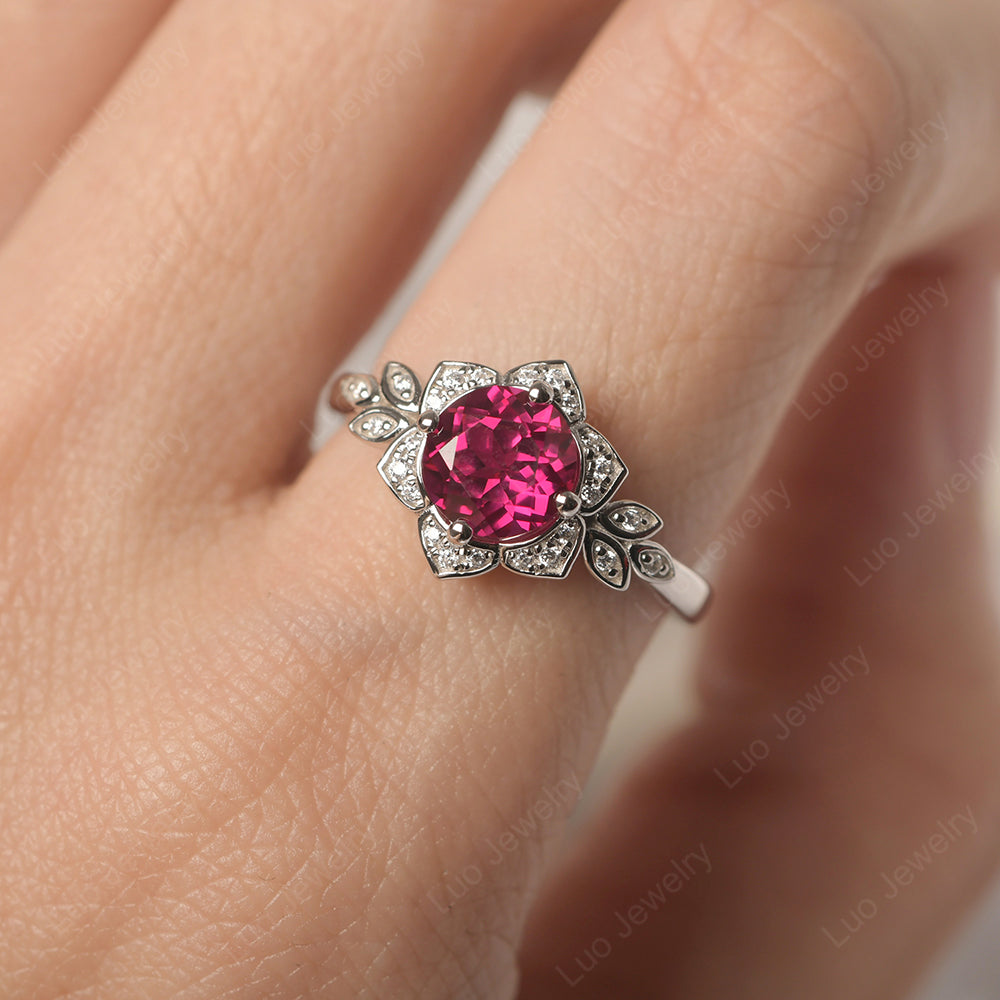 Round Cut Ruby Flower Ring Yellow Gold - LUO Jewelry