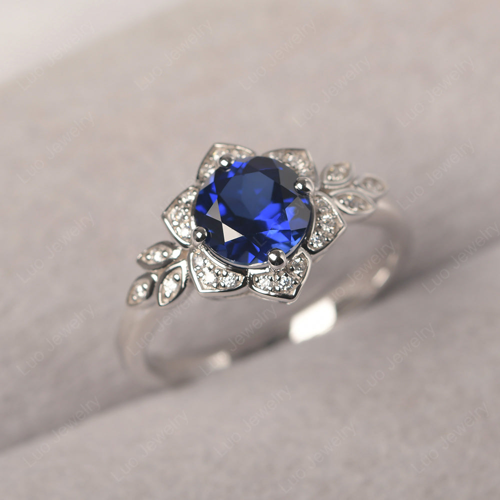 Round Cut Lab Sapphire Flower Ring Yellow Gold - LUO Jewelry