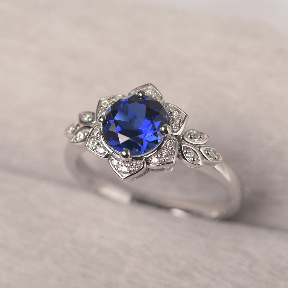 Round Cut Lab Sapphire Flower Ring Yellow Gold - LUO Jewelry