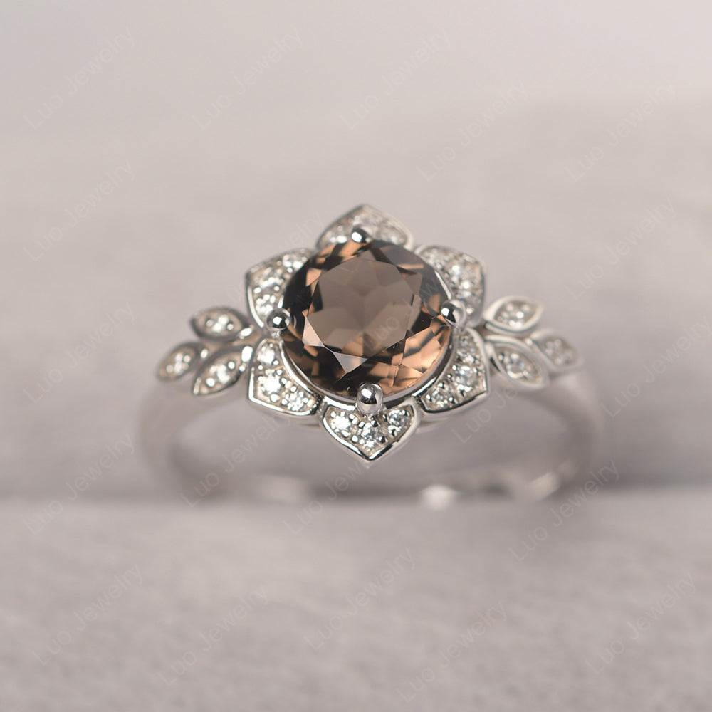 Round Cut Smoky Quartz  Flower Ring Yellow Gold - LUO Jewelry