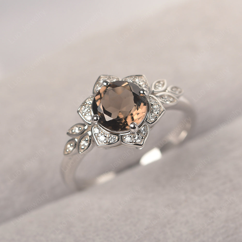 Round Cut Smoky Quartz  Flower Ring Yellow Gold - LUO Jewelry