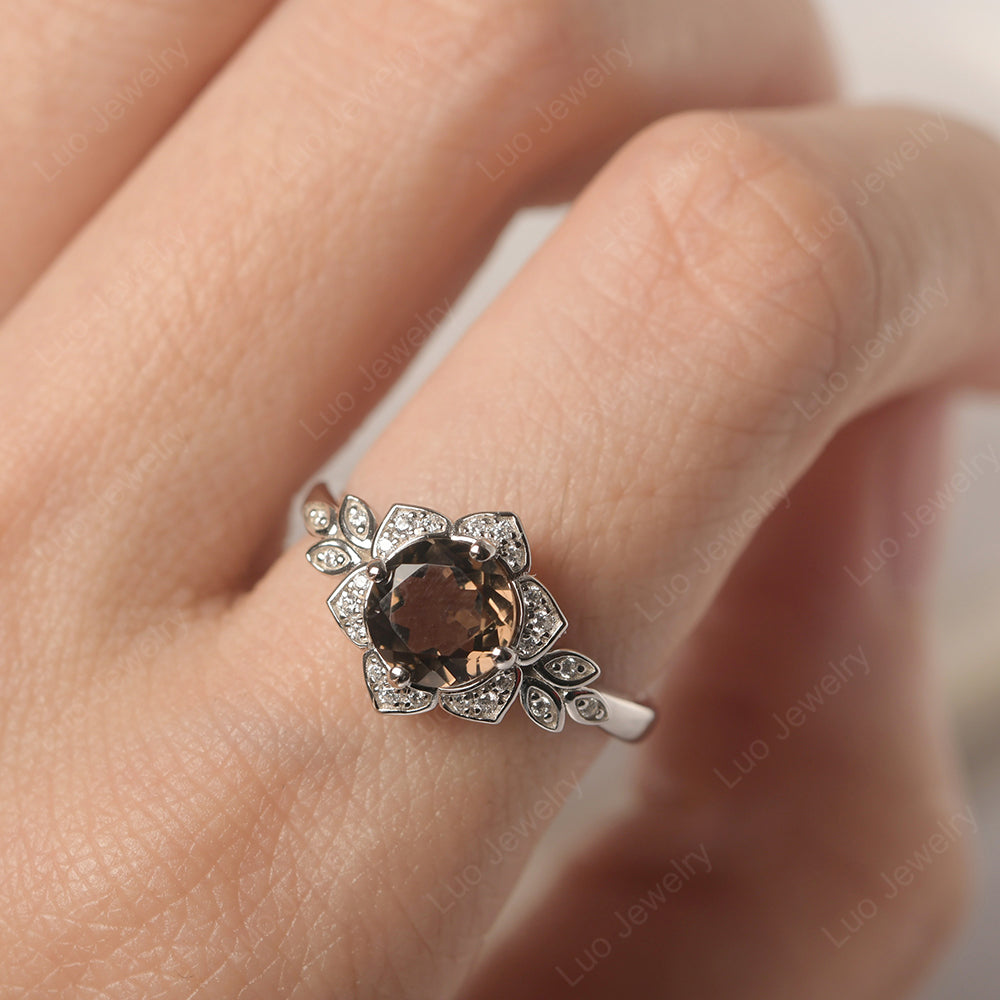 Round Cut Smoky Quartz  Flower Ring Yellow Gold - LUO Jewelry